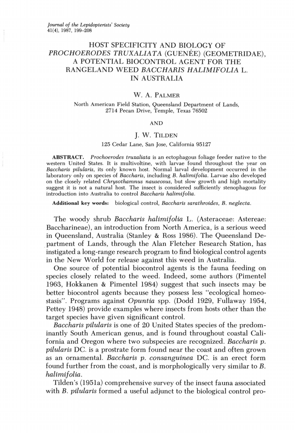 (Guenee) (Geometridae), a Potential Biocontrol Agent for the Rangeland Weed Baccharis Halimifolia L