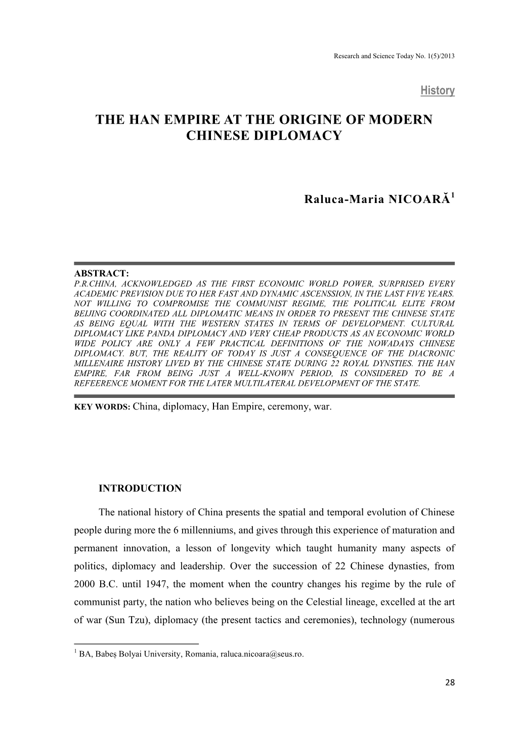 The Han Empire at the Origine of Modern Chinese Diplomacy