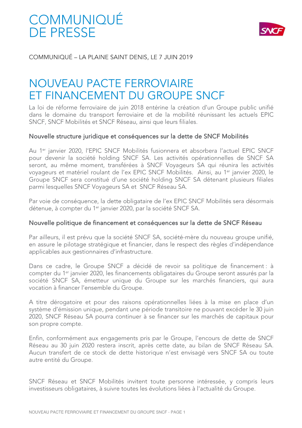 CP Groupe SNCF Nouveau Pacte Ferroviaire Et Financement.07.06