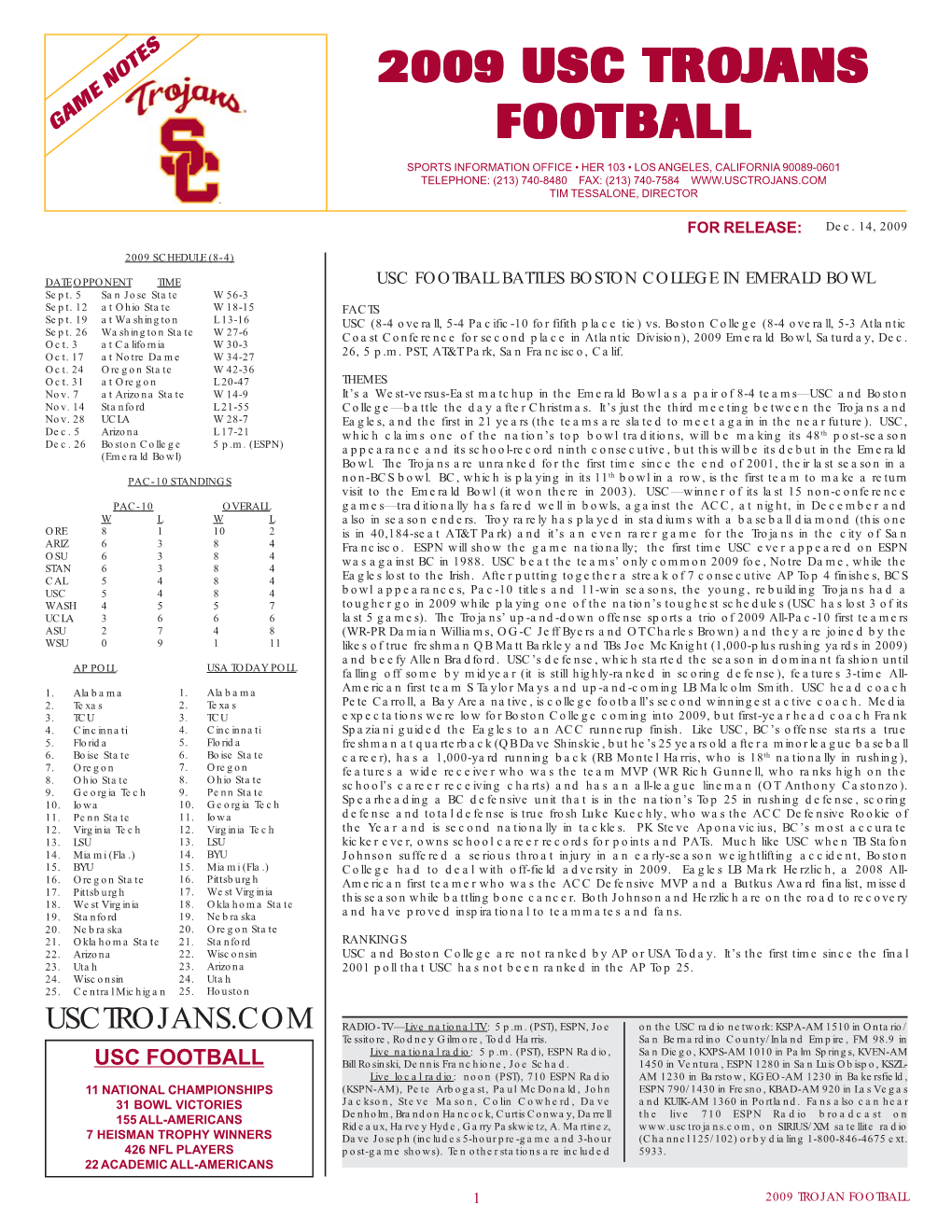 2009 USC Trojans Football USC Overall Team Statistics (As of Dec 05, 2009) All Games