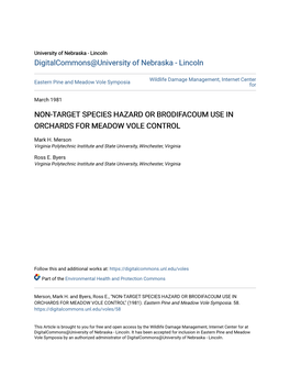 Non-Target Species Hazard Or Brodifacoum Use in Orchards for Meadow Vole Control
