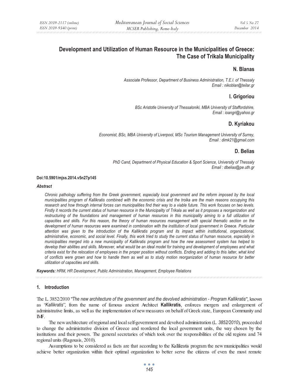 Development and Utilization of Human Resource in the Municipalities of Greece: the Case of Trikala Municipality