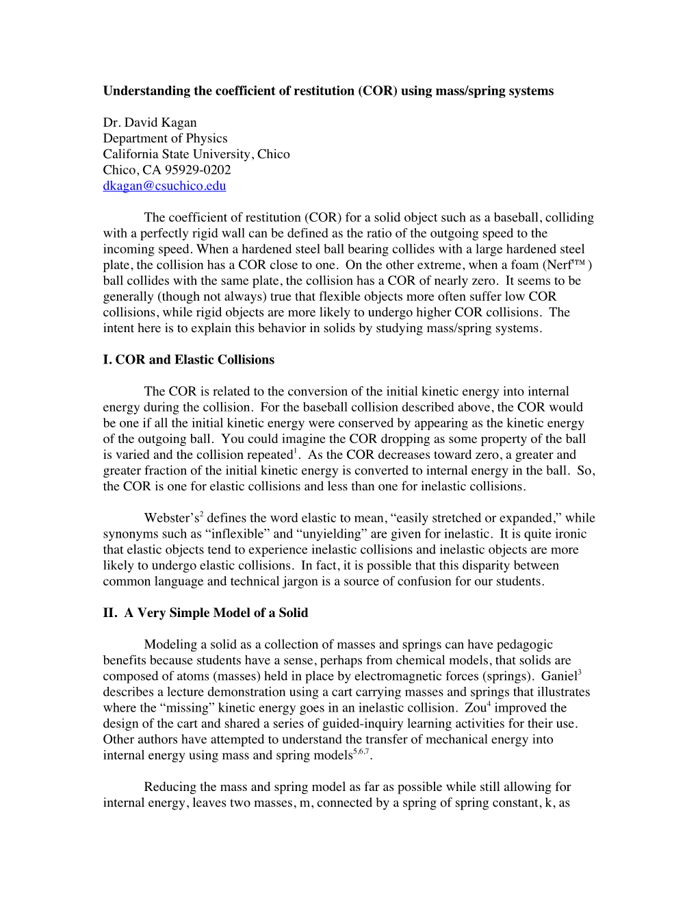 Understanding the Coefficient of Restitution (COR) Using Mass/Spring Systems