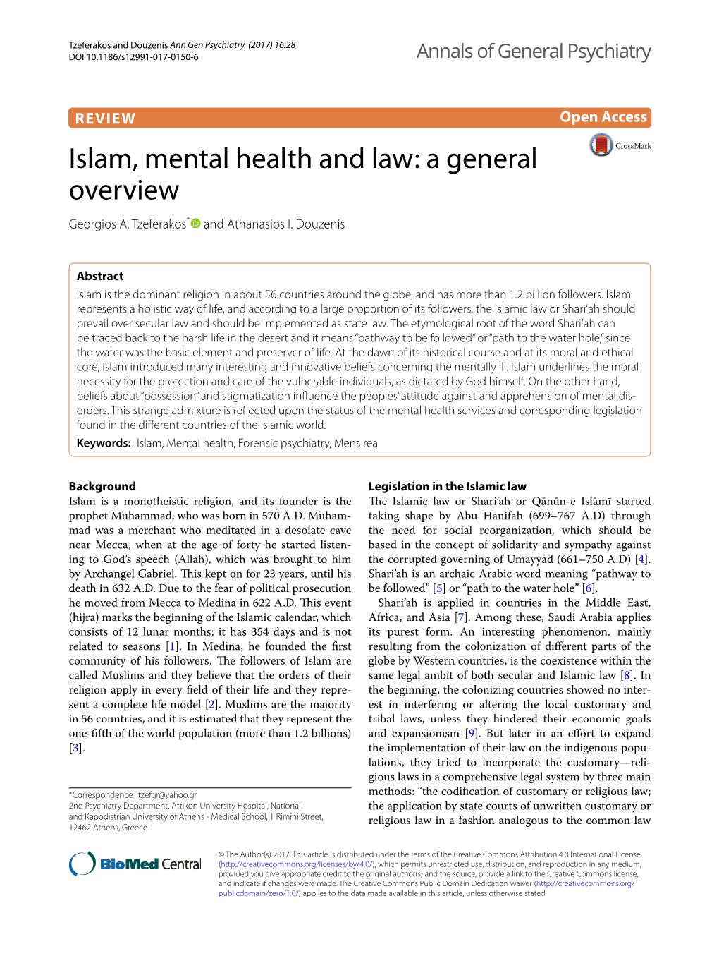 Islam, Mental Health and Law: a General Overview Georgios A