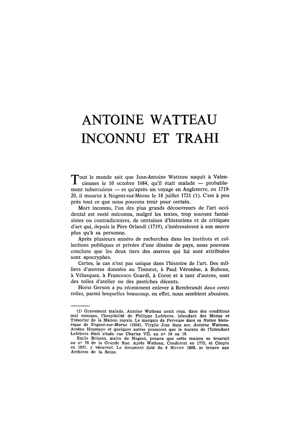 Antoine Watteau Inconnu Et Trahi