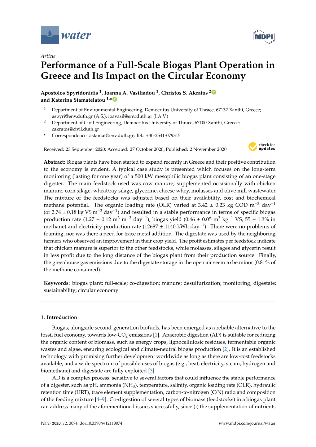 Performance of a Full-Scale Biogas Plant Operation in Greece and Its Impact on the Circular Economy