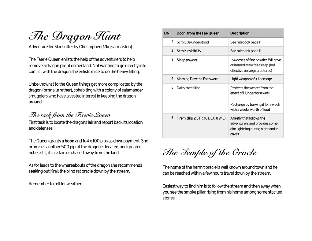 The Dragon Hunt 1 Scroll: Be Understood See Rulebook Page 11 Adventure for Mausritter by Christopher (@Kejsarmakten)