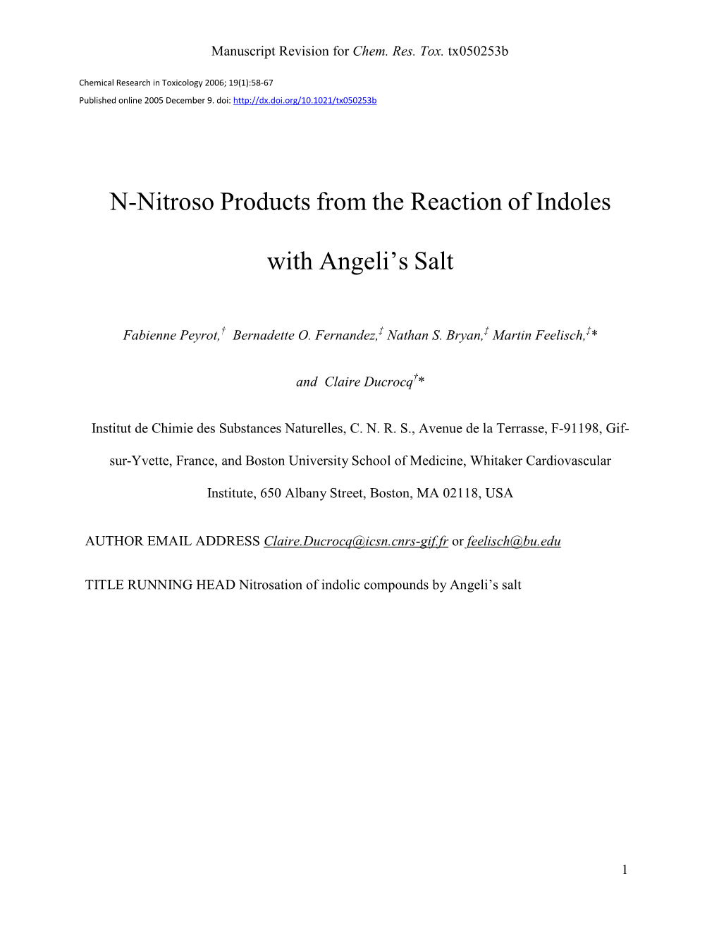 N-Nitroso Products from the Reaction of Indoles with Angeli's Salt