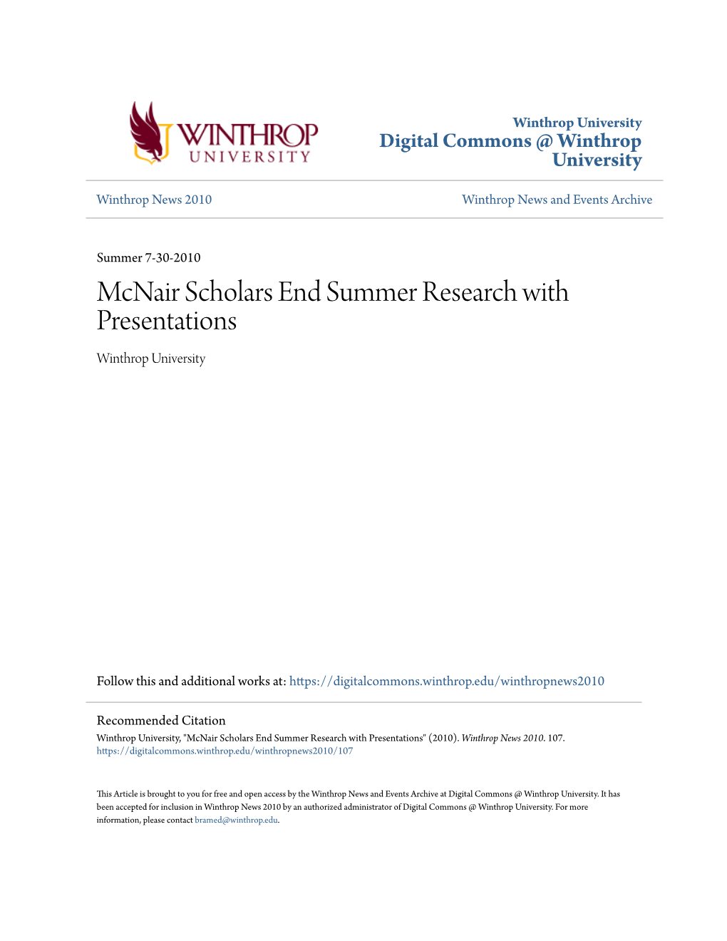 Mcnair Scholars End Summer Research with Presentations Winthrop University