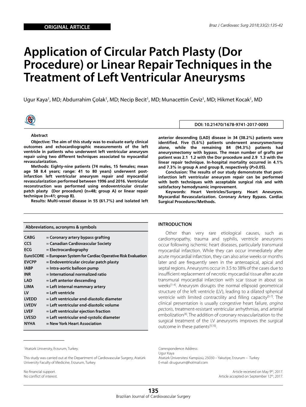 (Dor Procedure) Or Linear Repair Techniques in the Treatment of Left Ventricular Aneurysms