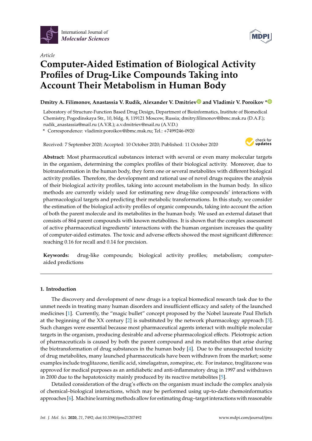 Computer-Aided Estimation of Biological Activity Profiles of Drug