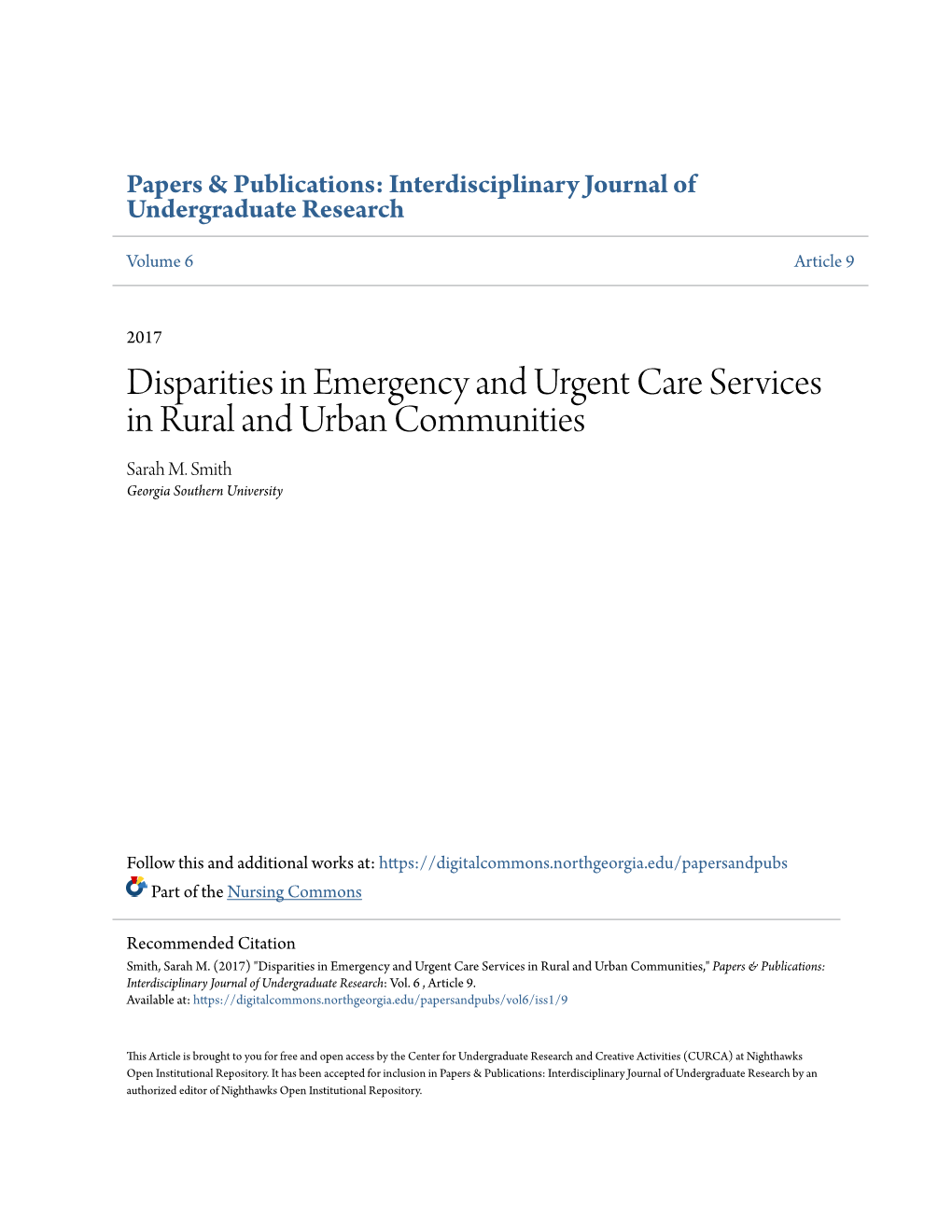 Disparities in Emergency and Urgent Care Services in Rural and Urban Communities Sarah M