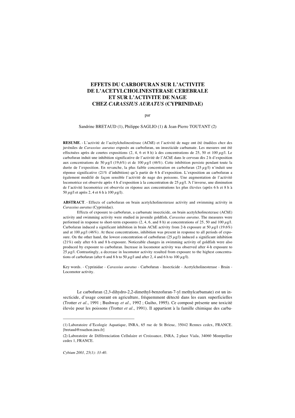 Effets Du Carbofuran Sur L'activité De L'acétylcholinestérase