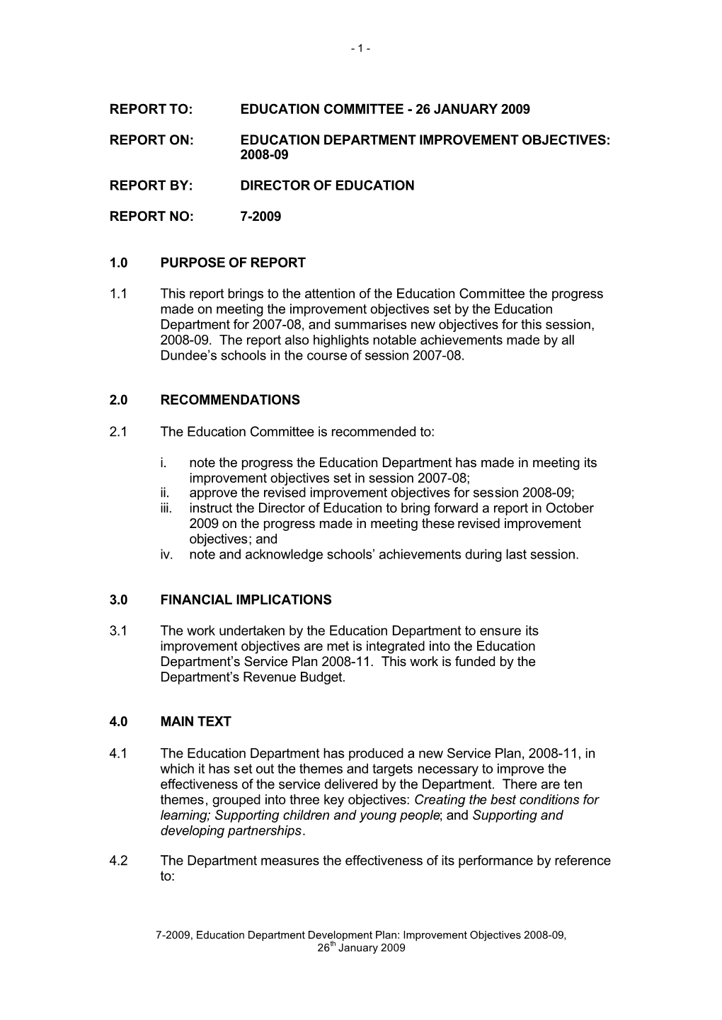 Education Department Improvement Objectives: 2008-09