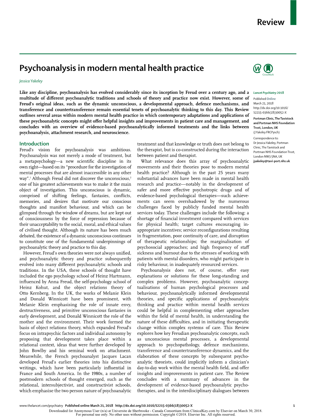 Psychoanalysis in Modern Mental Health Practice