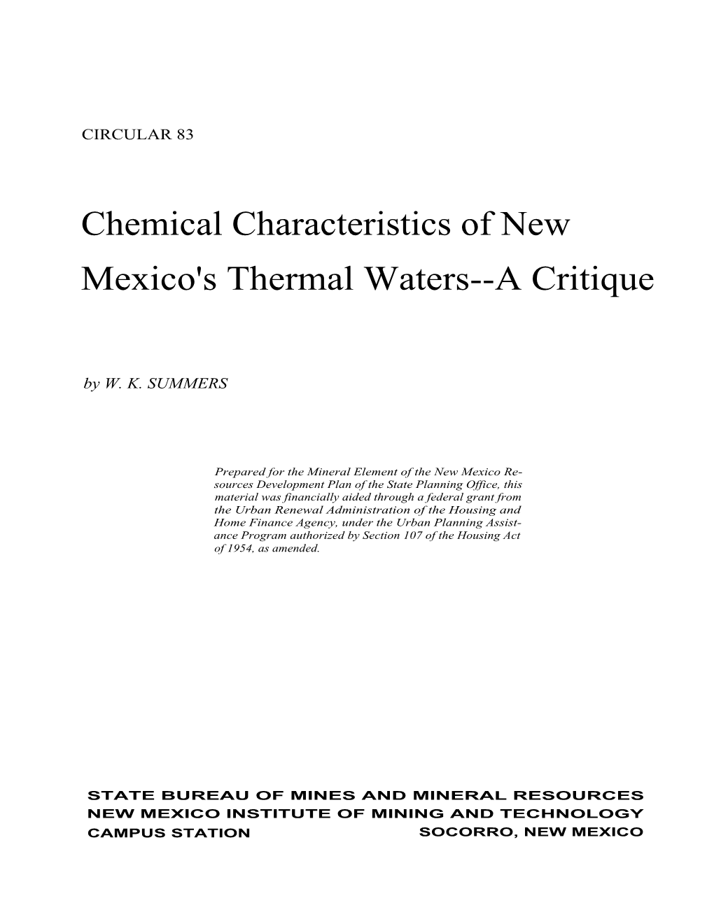 Chemical Characteristics of New Mexico's Thermal Waters--A Critique