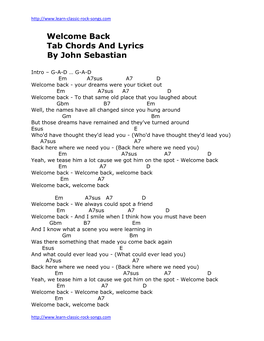 Welcome Back Tab Chords and Lyrics by John Sebastian