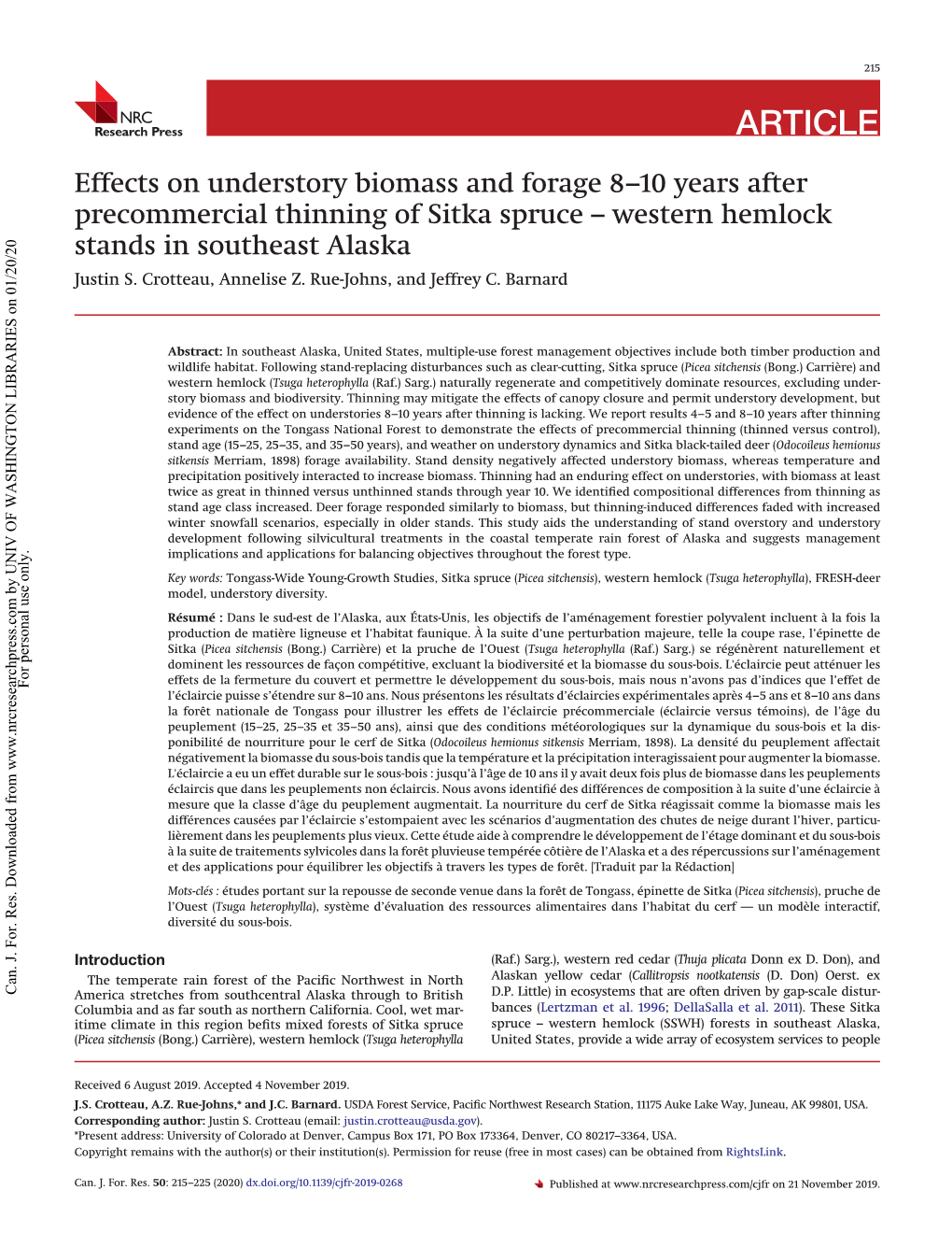 Effects on Understory Biomass and Forage 8–10 Years After Precommercial Thinning of Sitka Spruce – Western Hemlock Stands in Southeast Alaska Justin S