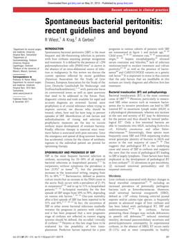 Spontaneous Bacterial Peritonitis: Recent Guidelines and Beyond R Wiest,1 a Krag,2 a Gerbes3