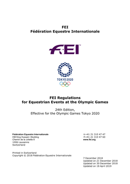 FEI Fédération Equestre Internationale FEI Regulations for Equestrian Events at the Olympic Games