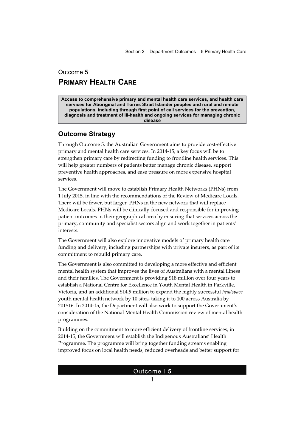 Outcome 5 PRIMARY HEALTH CARE