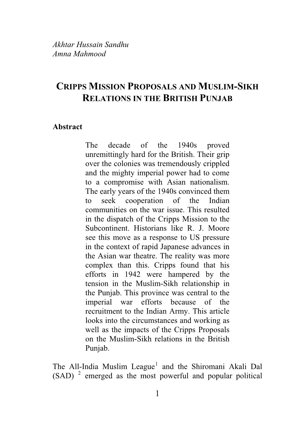 Cripps Mission Proposals and Muslim-Sikh Relations in the British Punjab