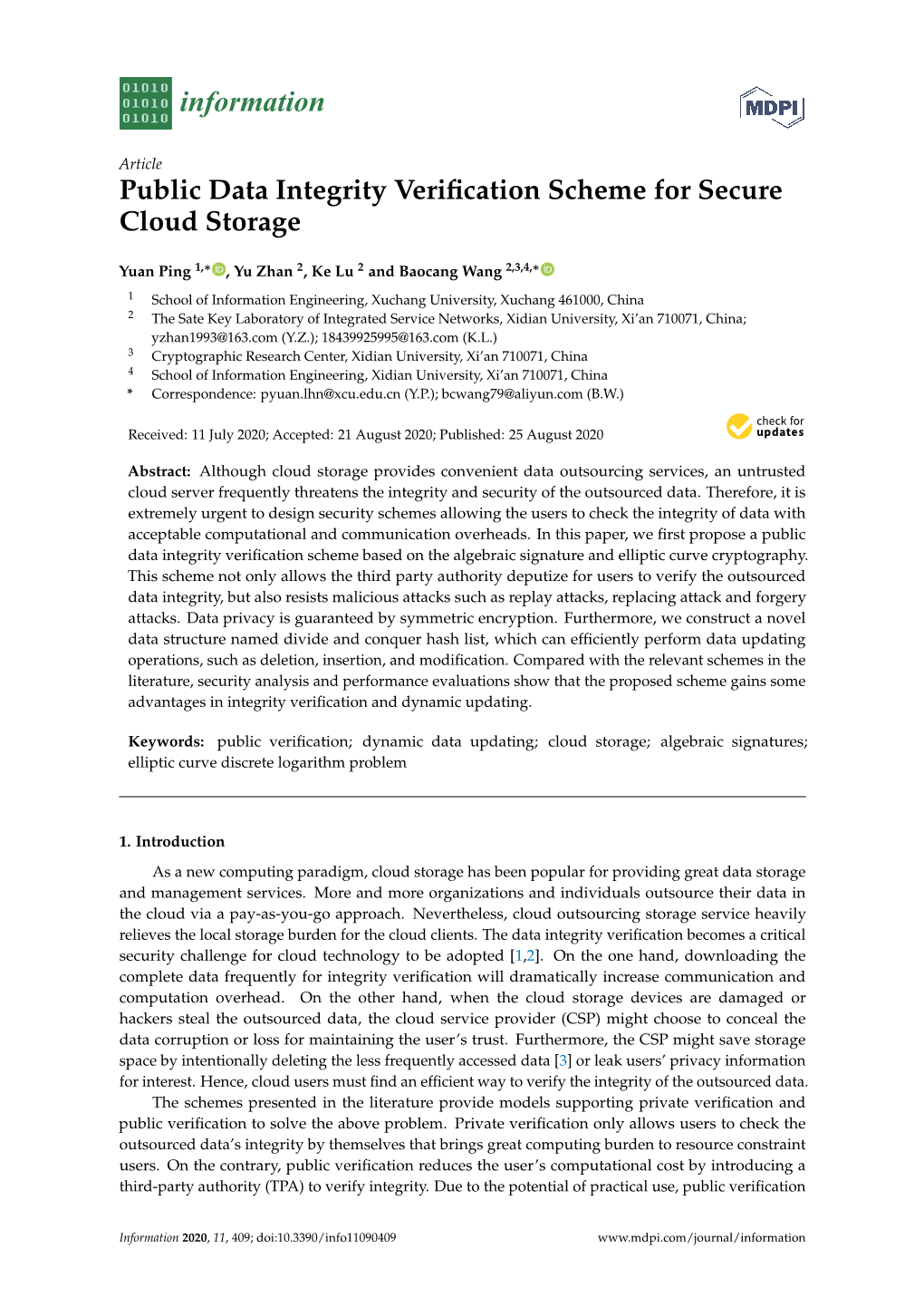 Public Data Integrity Verification Scheme for Secure Cloud Storage