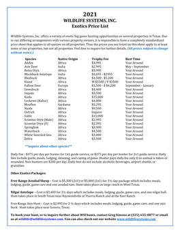 WILDLIFE SYSTEMS, INC. Exotics Price List