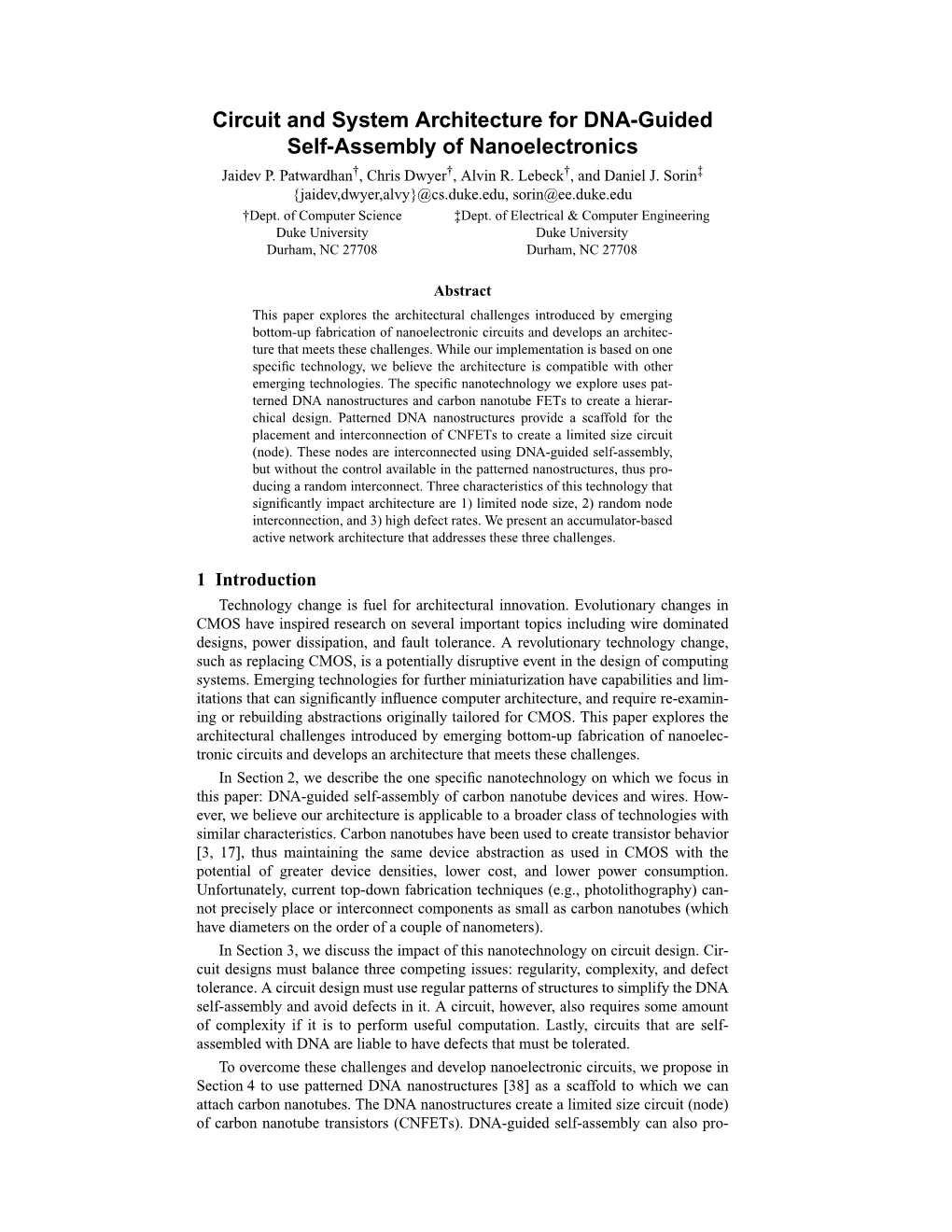 Circuit and System Architecture for DNA-Guided Self-Assembly of Nanoelectronics Jaidev P