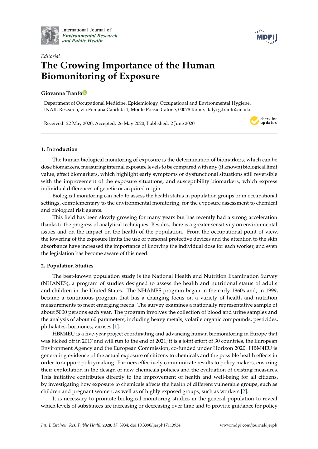 The Growing Importance of the Human Biomonitoring of Exposure