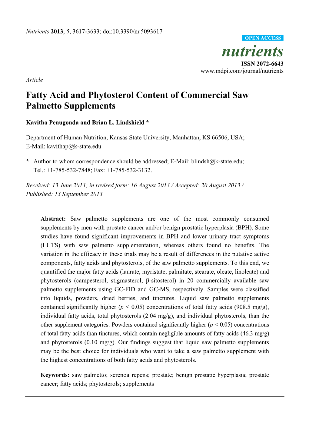 Fatty Acid and Phytosterol Content of Commercial Saw Palmetto Supplements