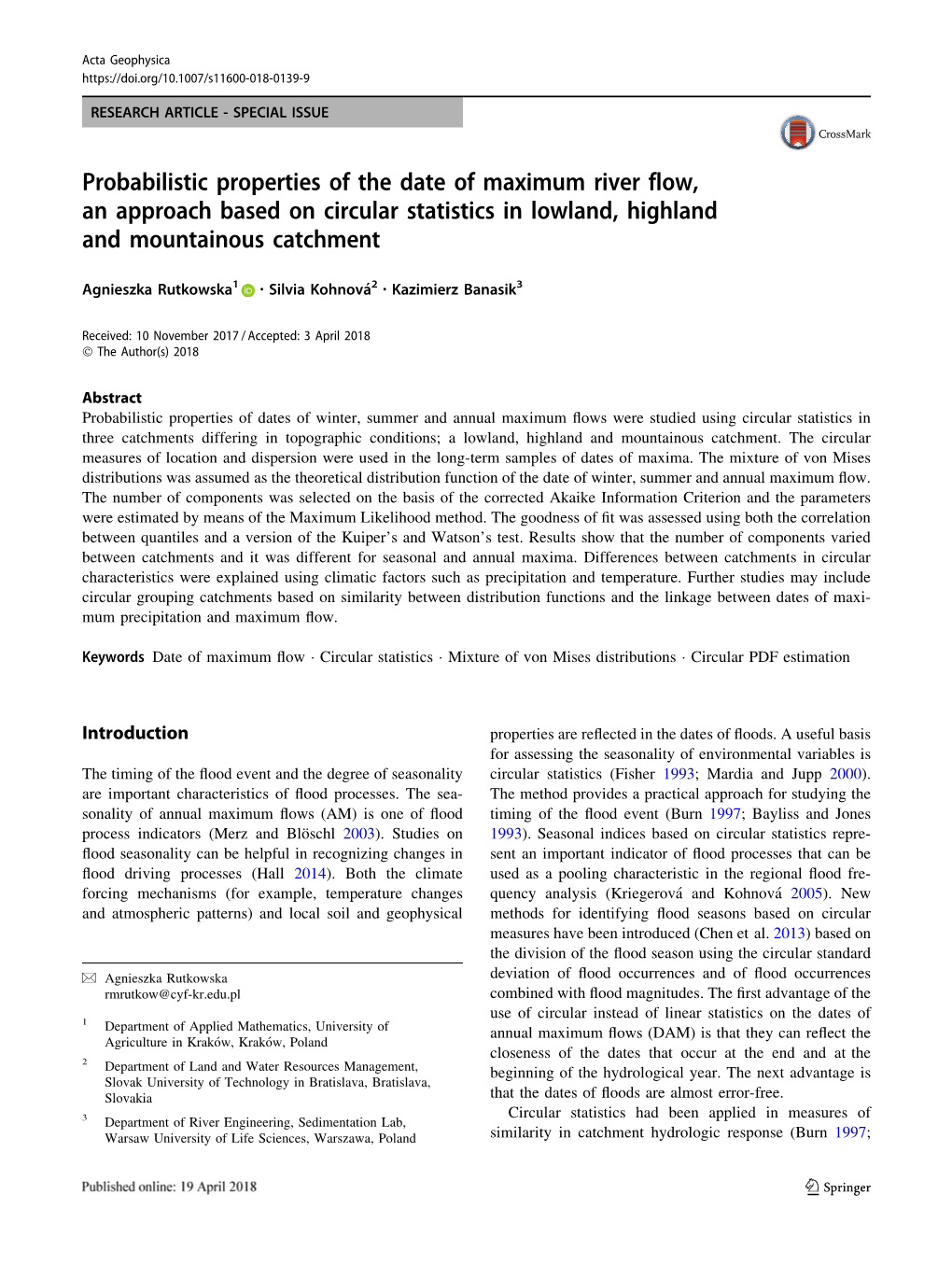 Probabilistic Properties of the Date of Maximum River Flow, an Approach Based on Circular Statistics in Lowland, Highland and Mountainous Catchment