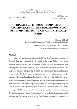 Towards a Hegemonic Femininity? Coverage of the First Female Romanian Prime Minister in the National and Local Media