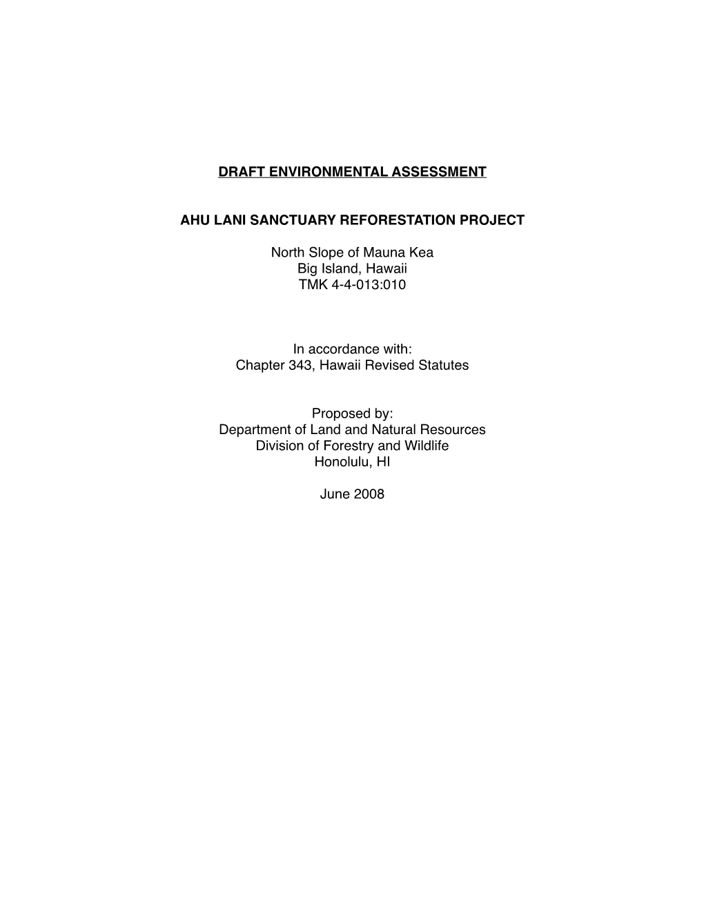 Draft Environmental Assessment Ahu Lani