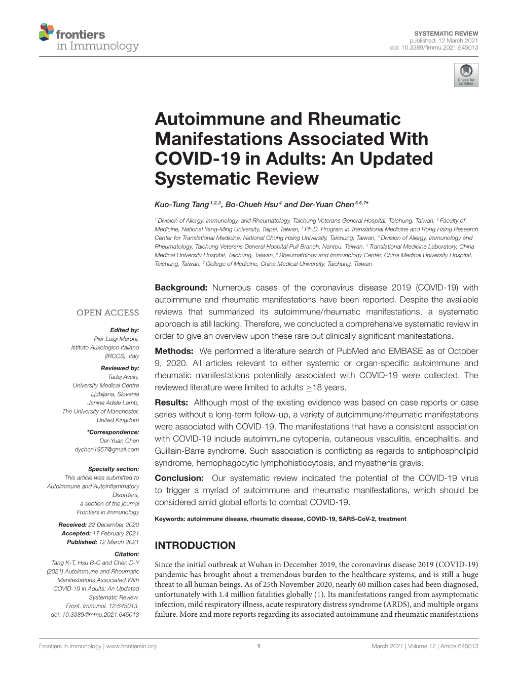 Autoimmune and Rheumatic Manifestations Associated with COVID-19 in Adults: an Updated Systematic Review