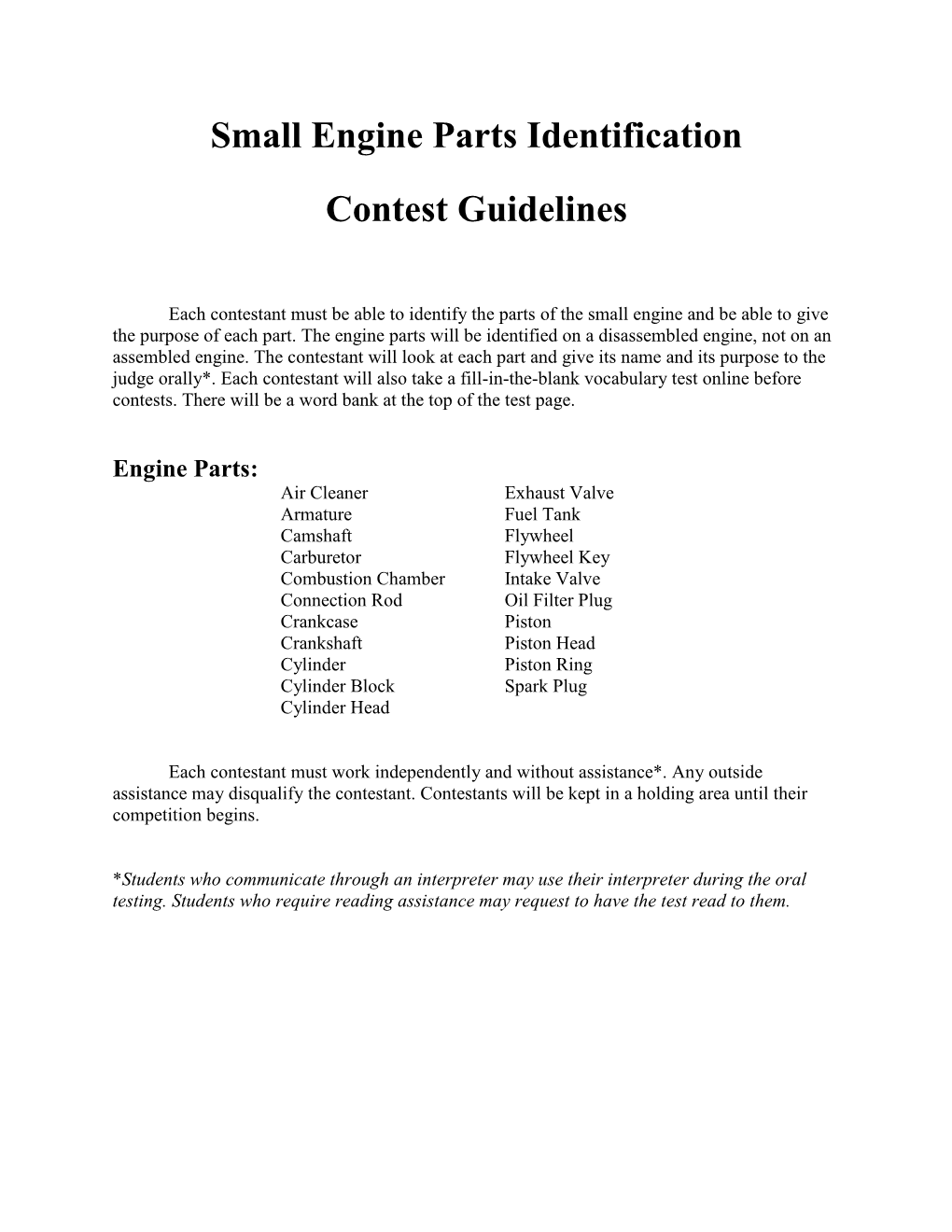 Small Engine Parts Identification Contest Guidelines