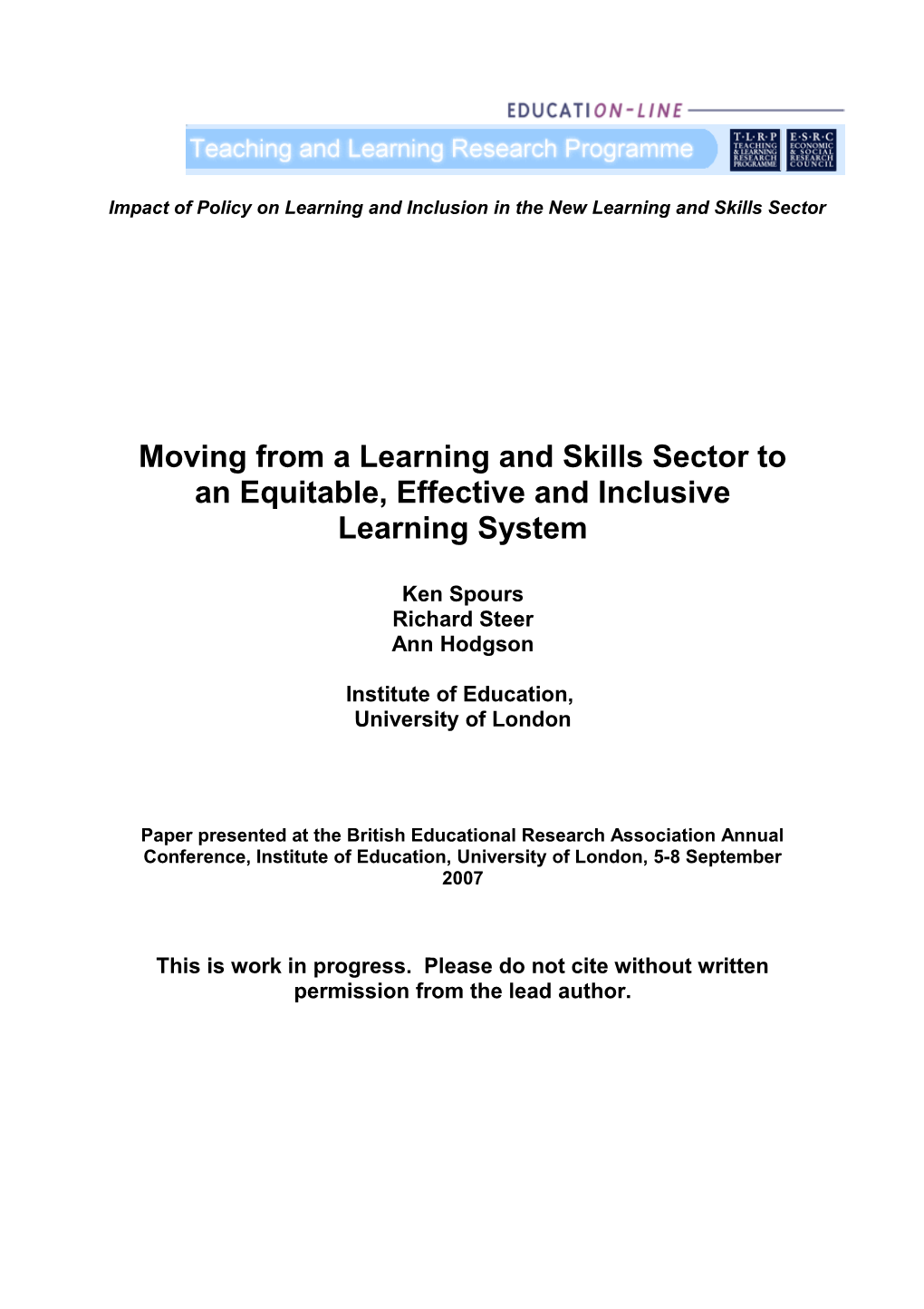 Moving from a Learning and Skills Sector to an Equitable, Effective and Inclusive Learning