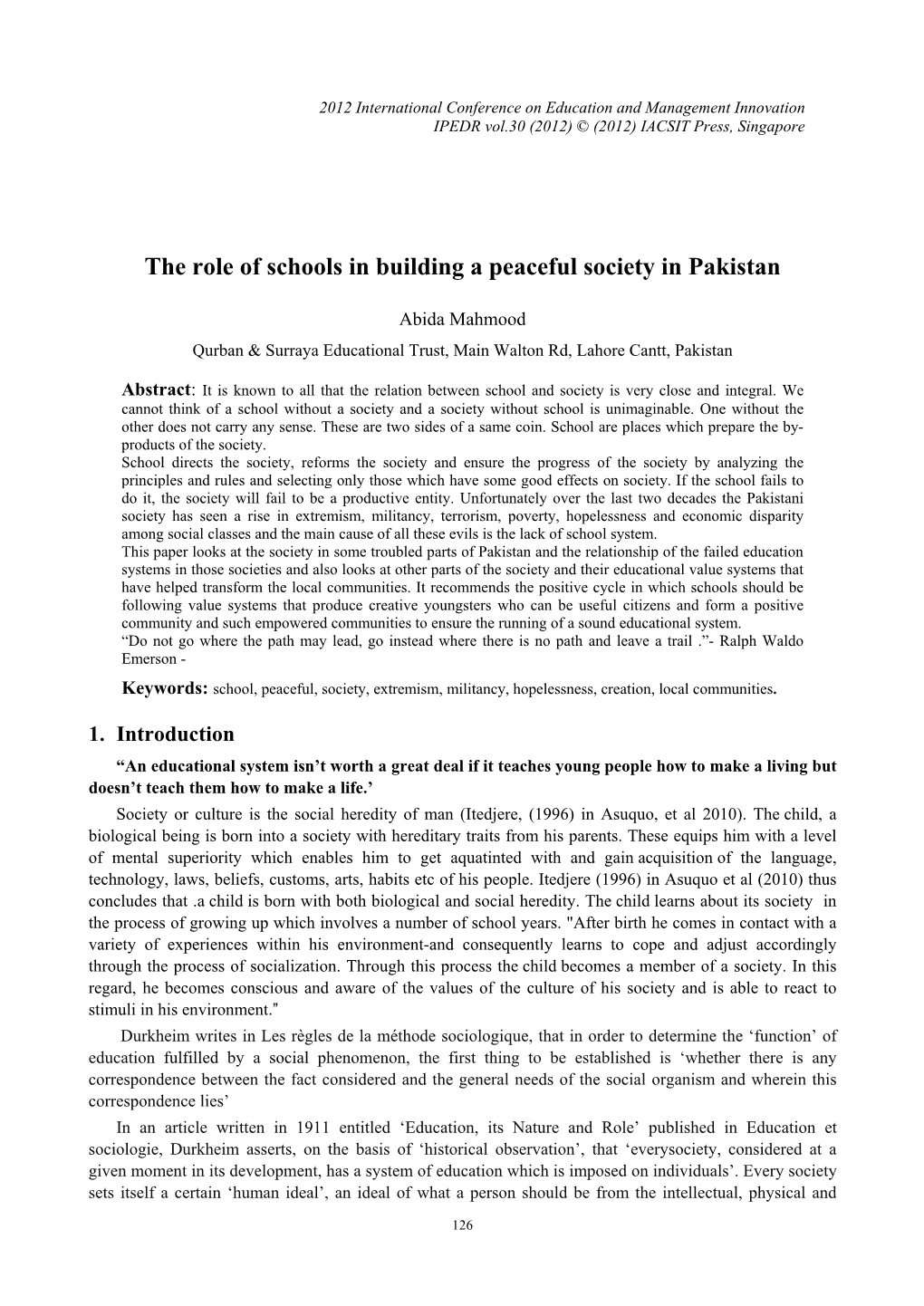 The Role of Schools in Building a Peaceful Society in Pakistan