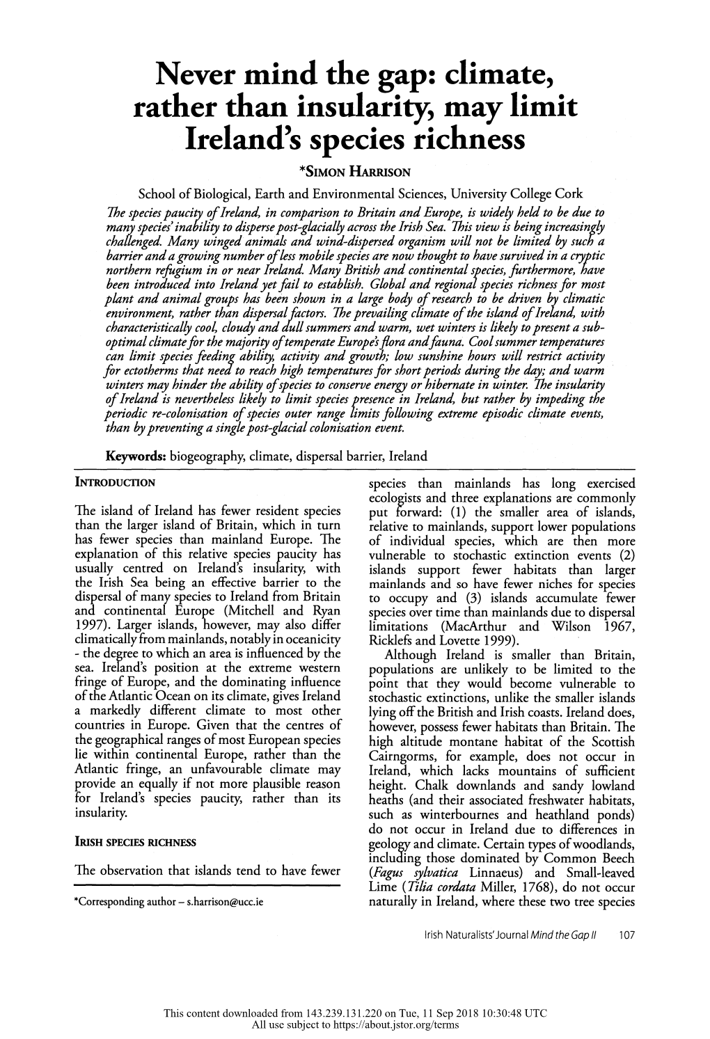 Never Mind the Gap: Climate, Rather Than Insularity, May Limit Ireland's Species Richness *Simon Harrison