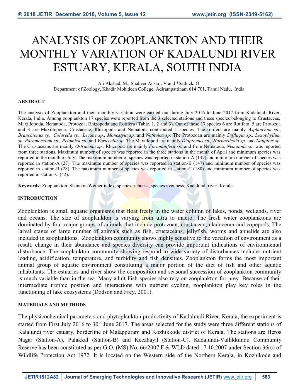 Analysis of Zooplankton and Their Monthly Variation of Kadalundi River Estuary, Kerala, South India