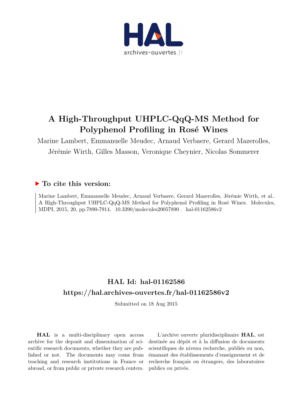 A High-Throughput UHPLC-Qqq-MS Method for Polyphenol Profiling in Rosé Wines