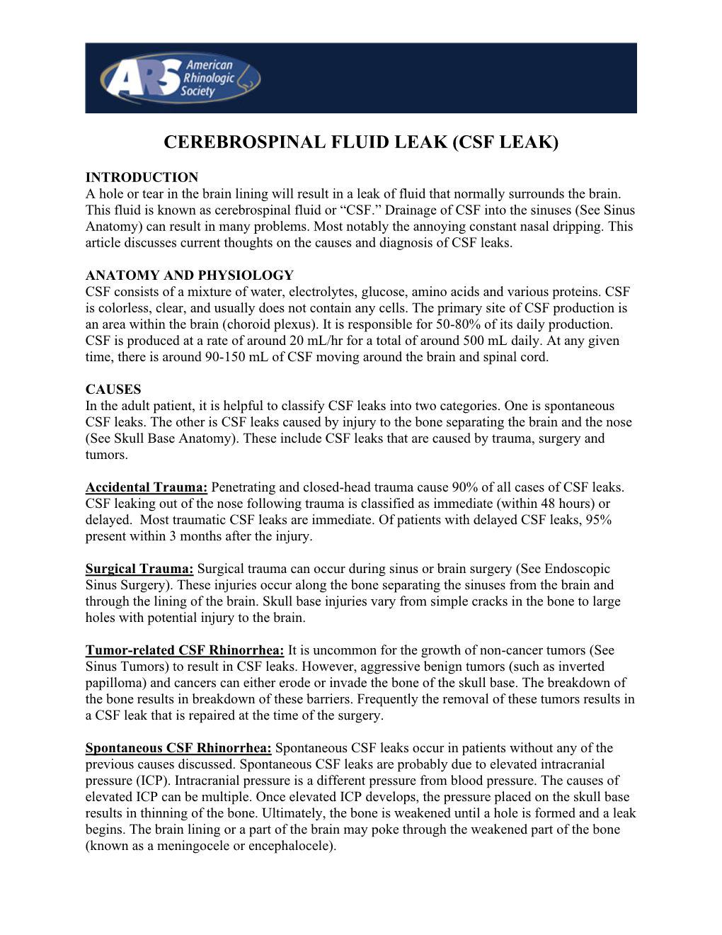 Cerebrospinal Fluid Leak (Csf Leak)