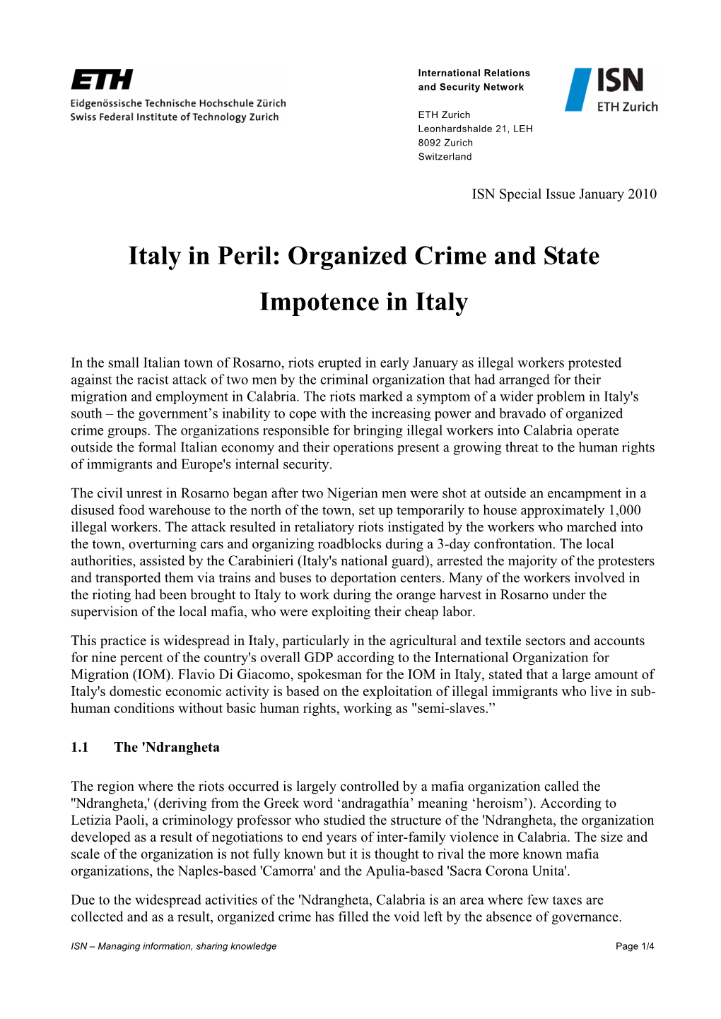 Italy in Peril: Organized Crime and State Impotence in Italy