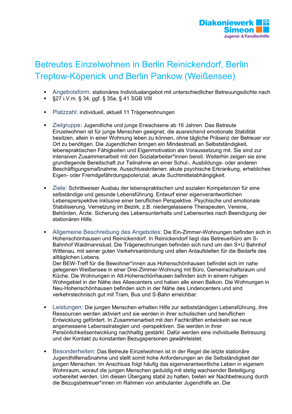 Betreutes Einzelwohnen in Berlin Reinickendorf, Berlin Treptow-Köpenick Und Berlin Pankow (Weißensee)