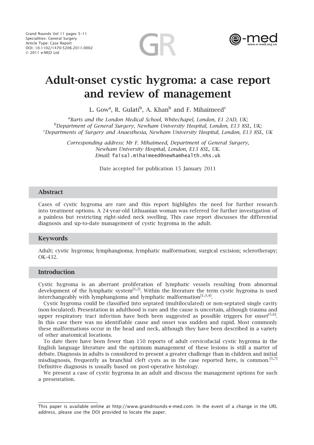Adult-Onset Cystic Hygroma: a Case Report and Review of Management