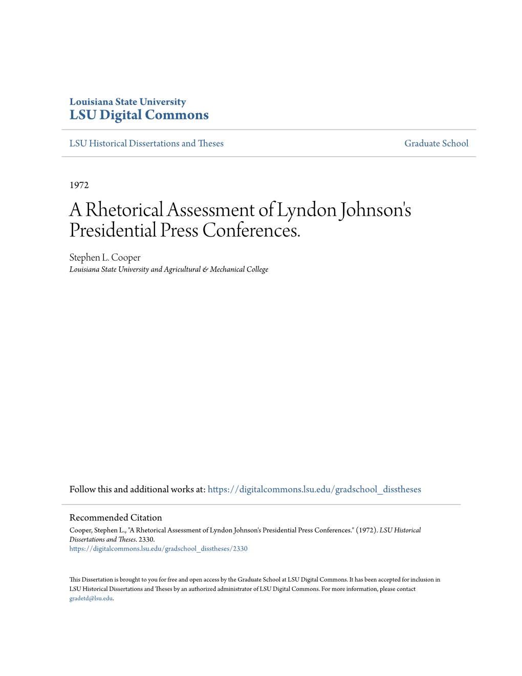 A Rhetorical Assessment of Lyndon Johnson's Presidential Press Conferences