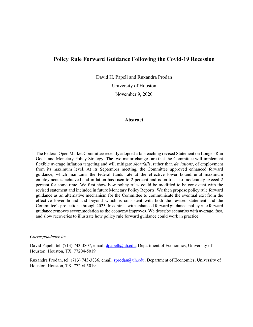 Policy Rule Forward Guidance Following the Covid-19 Recession