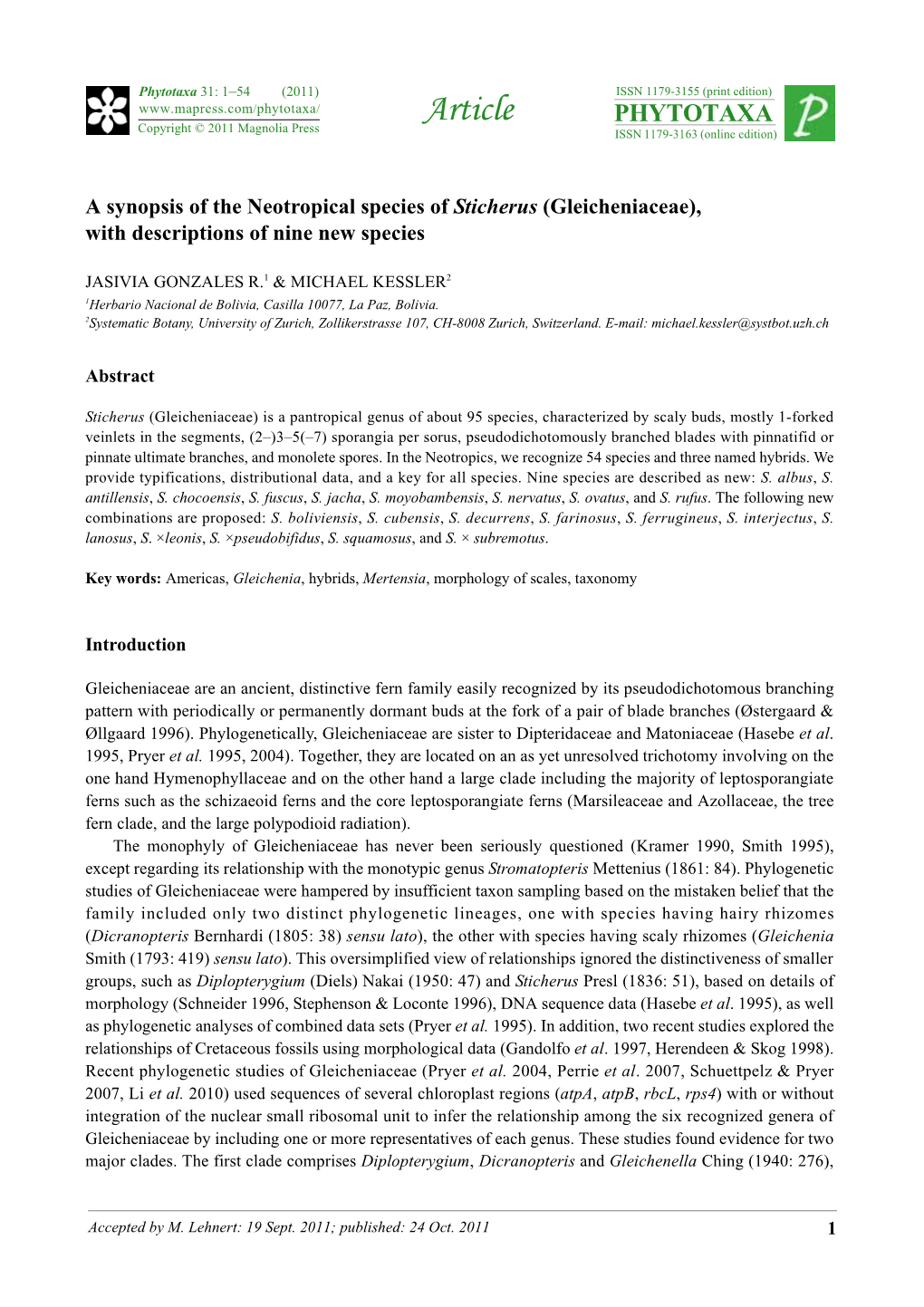 A Synopsis of the Neotropical Species of Sticherus (Gleicheniaceae), with Descriptions of Nine New Species