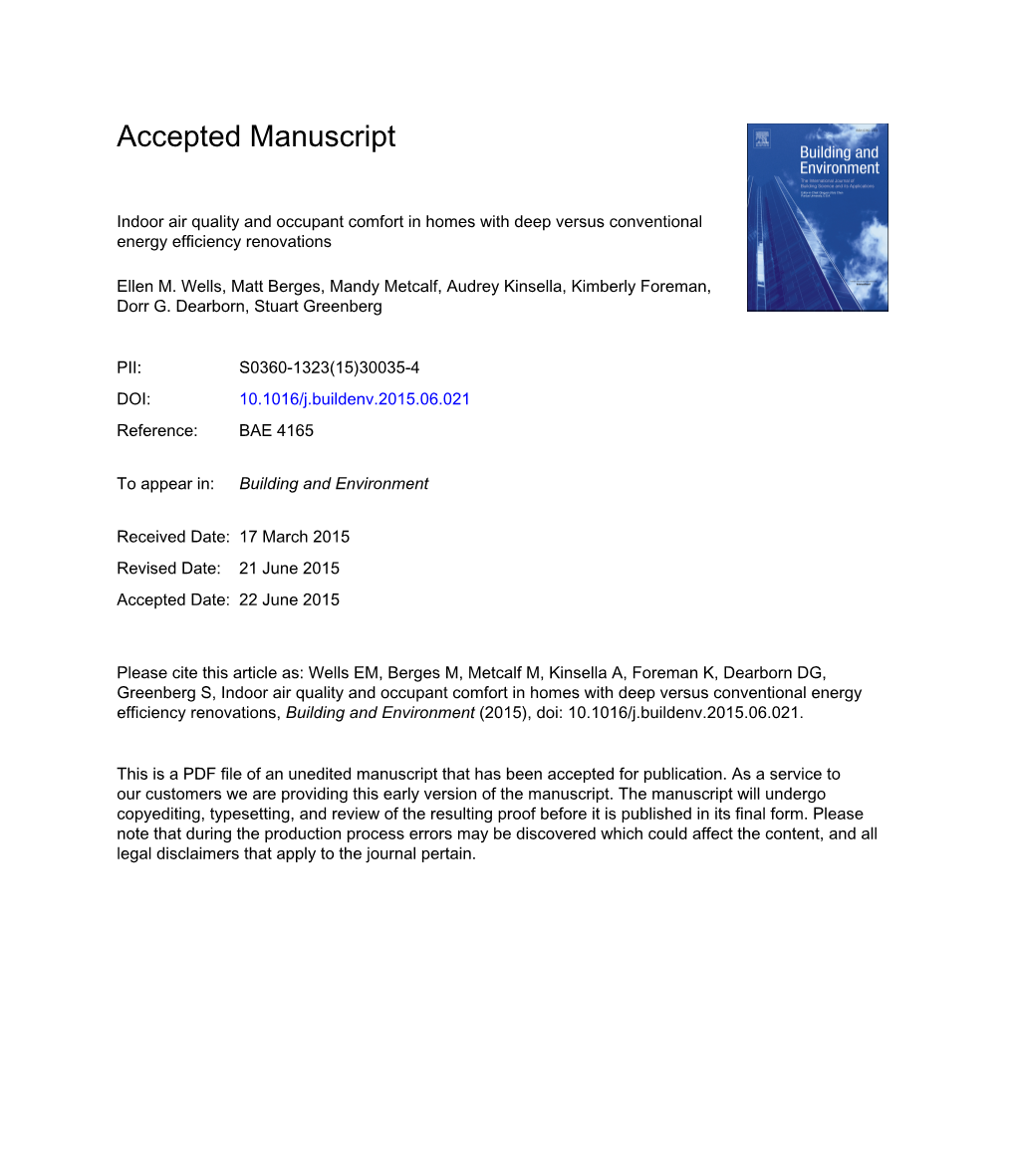 Indoor Air Quality and Occupant Comfort in Homes with Deep Versus Conventional Energy Efficiency Renovations