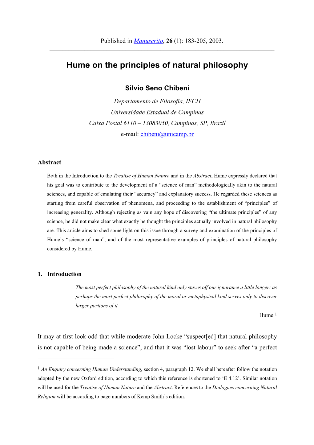 Hume and the Principles of Natural Philosophy